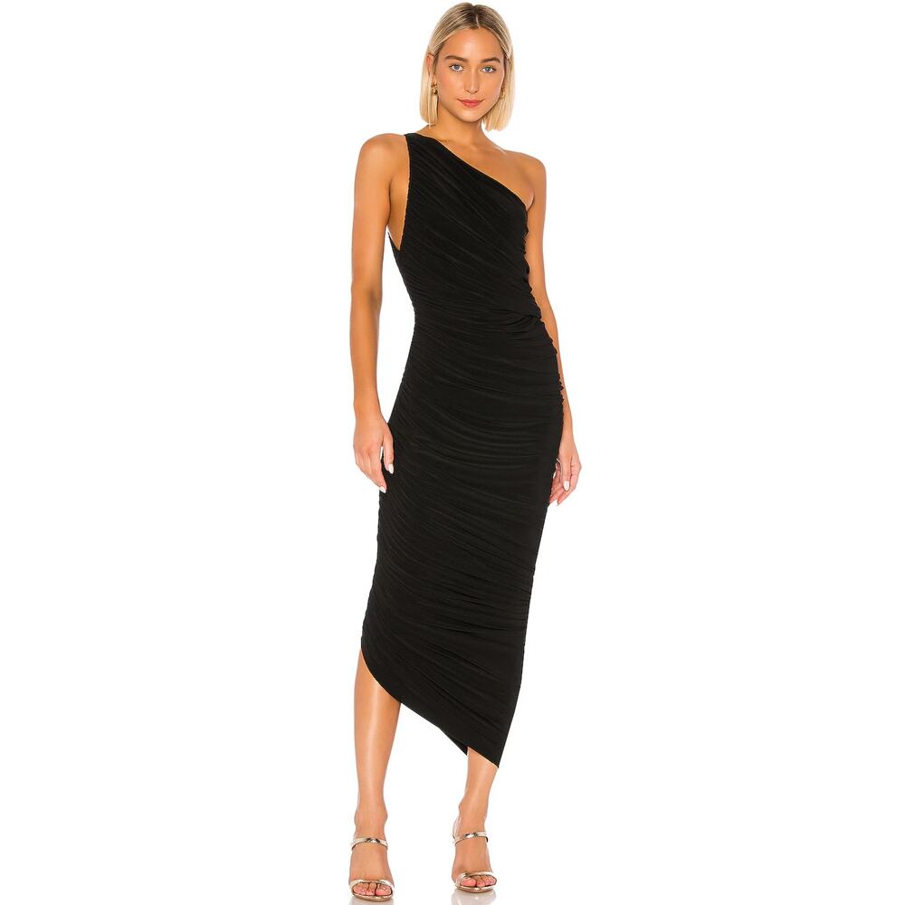 Norma Kamali Diana One-Shoulder Stretch Ruched Black Midi Dress Size M